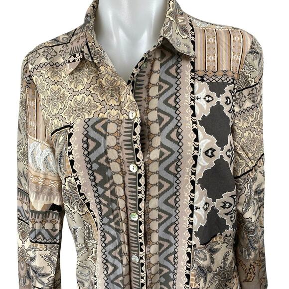 Renuar Women's Brown Tan Geometric Print Long Sleeve Button Down Shirt Top Sz XS - Picture 3 of 5